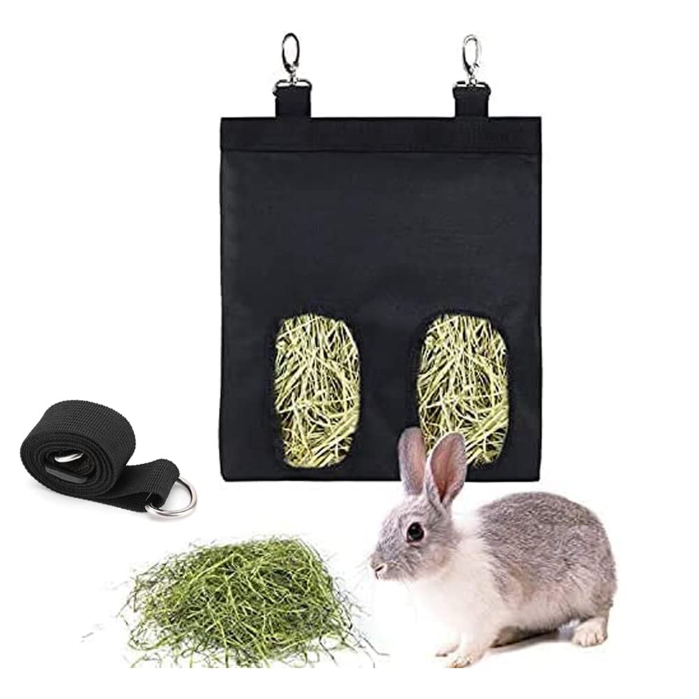 NeoStyle Rabbit and Guinea Pig Hay Feeder Bag, Small Animal Hanging Storage Bag (S, 2 Holes, Black)