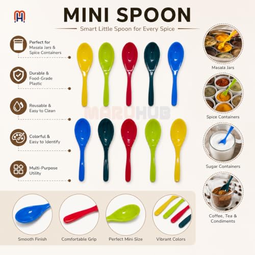 Image of MaruHub 10Pcs Mini Plastic Spoons for Masala Jar, Multicolor Reusable Kitchen Spice Condiment Scoops, Small Baby Food & Candy Spoon Set, Non-Toxic BPA-Free Spoons for Home & Cooking (8 x 2 cm)