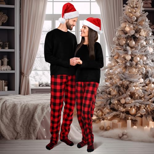 Christmas Couple Matching Pajamas Set Buffalo Plaid Pajama Set with Santa Hat and Socks for Adult(Medium,Men)2
