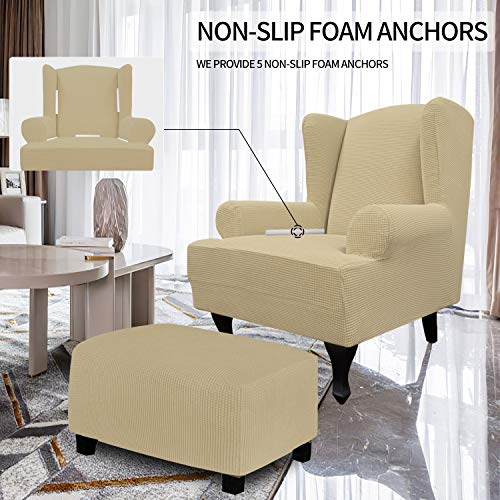 Image of Easy-Going Stretch Large Wingback Chair Sofa Slipcover Beige | 1-Piece Sofa Cover Furniture Protector Couch Soft with Bottom, Spandex Jacquard
