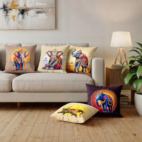 Image of Ultimate Trends Digital Printed Soft Cotton Feel Polyester Decorative Cushion Cover, Modern Eligent Designs, Heavy Long Life Fabric,18 inch X 18 inch Set of 5,Multicolor Elephant