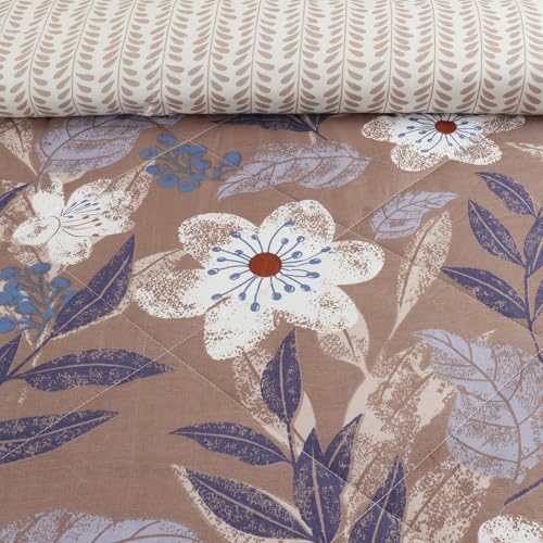 Image of Florida Brown Floral Microfiber Comforter Set for Double Bed | Soft Reversible 180 GSM AC Comforter with King Bedsheet & 2 Pillow Covers