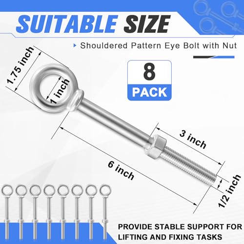 Image of LEIFIDE 8 Pack Shouldered Pattern Eye Bolts with Nuts, Hot Dip Galvanized, Industrial, Heavy Duty for Lifting, Anchoring, Hanging, Construction, and DIY Projects (1 /2 inch X 6 inch)