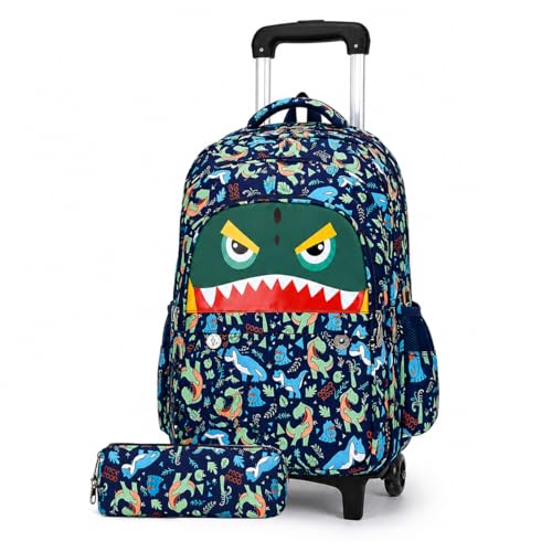 Image of PALAY Trolley School Bag Multi-colored Cartoon Dino Wheeled Bookbag with Pencil Bag Outdoor Waterproof 2-Wheel Backpack Multi-Compartments Polyester School Bag with Wheels