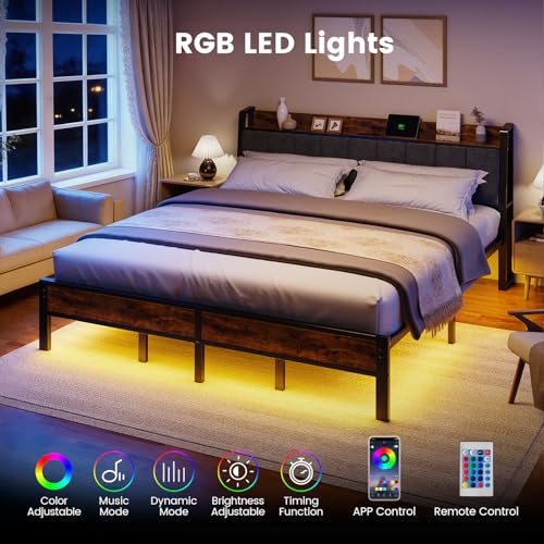 King Size Bed Frame with USB Charging Station, Storage Headboard with Smart LED Lights, Metal Platform Bed Noise Free, No Box Spring Needed, Easy Assembly - Image 4