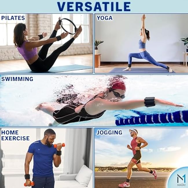 Ankle & Wrist Weights for Men & Women - Set of 2, 1 lb / 0.5 kg each, Black - Adjustable Silicone Workout Bands w/Removable Weights for Fitness & Training - by Mata1-USA