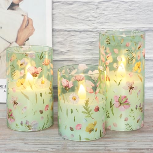 Image of Flameless Candles with Remote Timer, Glass Battery Operated LED Candles, Green Floral Design, Cylindrical Shape, Set of 3 for Home Party Wedding Decor