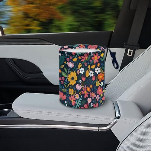 Image of Colorful Flowers Car Garbage Trash Can Collapsible Trash Rubbish Bin Basket Bag Portable Cup Holder Organizer with Strap Universal Storage Bag Box for Front Seat, Back Seat, Headrest