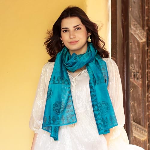 NOVICA Artisan Handmade Cotton Silk Shawl Blend Wrap Patterned Accessories Shawls Blue India Block Print ' Turquoise Bihar'2