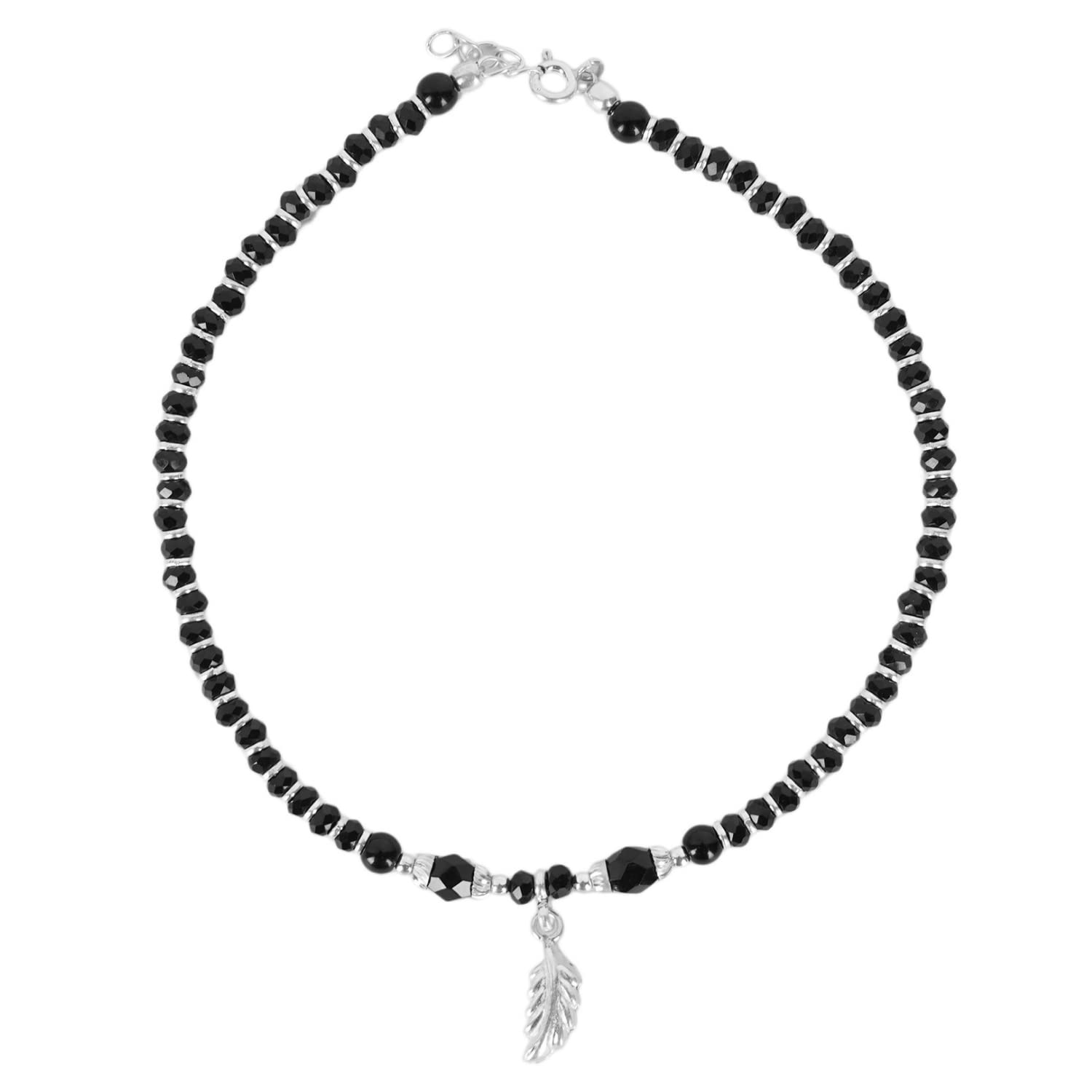 Elegantly Designed Adjustable 925 Sterling Silver Designer Nazariya Anklet With Black Beads With Leaf Charms For Girls And Women - Single Piece (7 Grams)-image-5