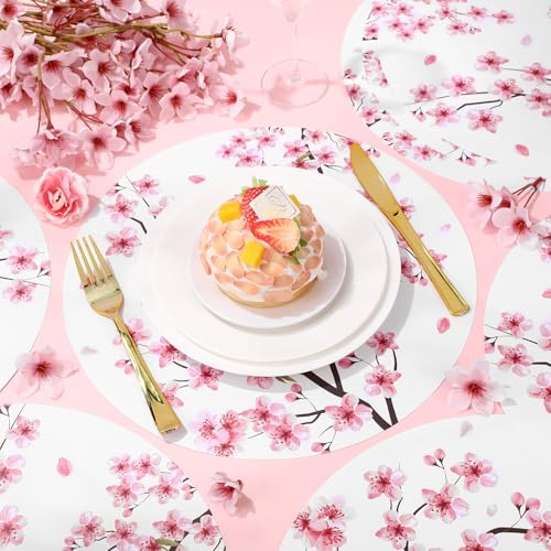 Moinchore 100 Pack Cherry Blossom Paper Placemats 13 Inch Flowers Disposable Paper Place Mats Round Table Mats Cherry Blossom Party Supplies for Birthday Baby Shower Bridal Shower by Moinchore - Used condition - Image 6