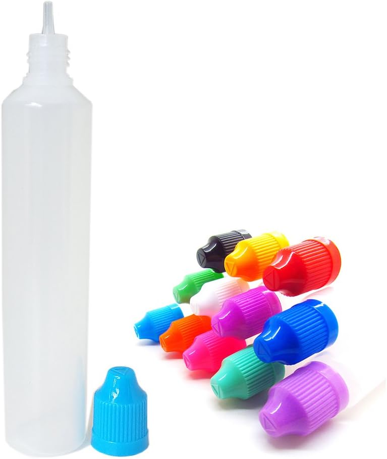 12 Pack 60mL Unicorn Pen LDPE Plastic Bottle Long Thin Tip - 12 Colors Childproof Cap - Free Mini Funnel Squeezable Bottles