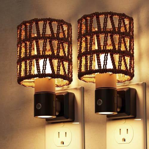 Image of L LOHAS LED Night Lights Plug into Wall, 2 Pack Cylindrical Ironwork Boho Lampshade Decor Night Light, 350 Rotatable Dusk to Dawn Sensor Vintage Nightlight, Dimmable for Bedroom Living Room Hallway