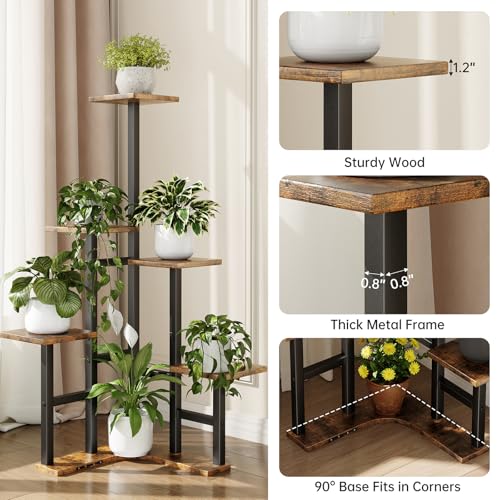 Image of Yzosvki Corner Plant Stand Indoor, 6 Tiered Corner Plant Shelf Flower Stand for Multiple Plants, Plant Shelves Organizer Rack for Living Room, Balcony, Patio, Garden, Square Rustic Brown