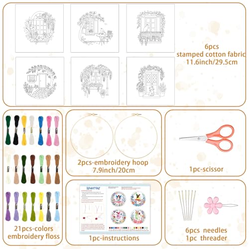 Image of BEUNITONE 6 Set Flowers Embroidery Kit for Beginners Vintage Garden Scene Pre-Stamped Pattern, Needlepoint Kits for Adults Beginners, DIY Handmade Embroidery for Home Decor and Gifts 20x20cm
