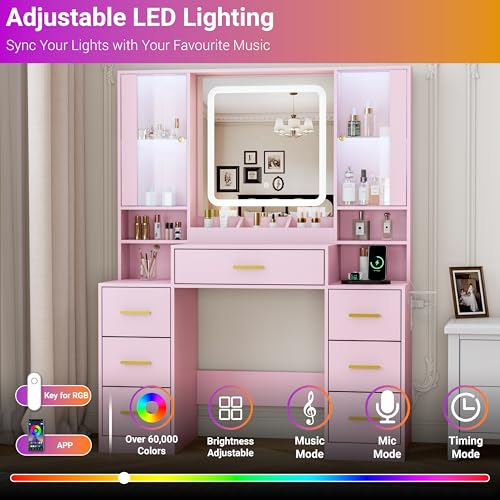 Image of BORNOON Vanity Desk with Mirror and Lights, Makeup Vanity with 7 Drawers, 2 Glass Door Cabinets, Charging Station, Adjustable Shelves, RGB Lighting, Holder