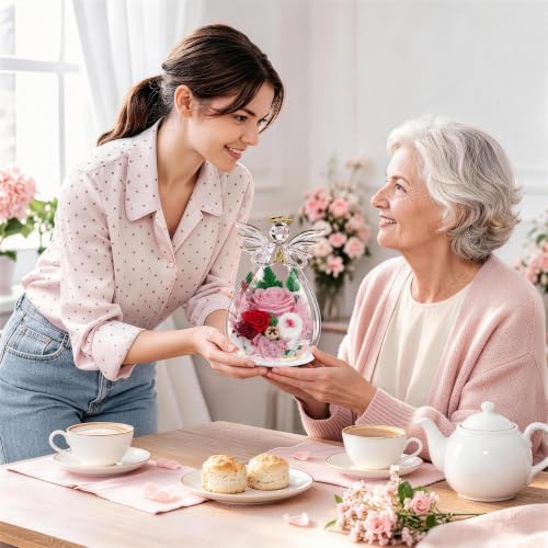 Image of encavy Birthday Gifts for Women,Fresh Flowers for Delivery,Preserved Rose Flowers in Angel Figurines,Light Up Angel Real Rainbow Roses for Mom Grandma Wife Her Girlfriend Anniversary