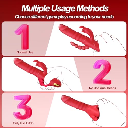 Image of SUPOLA Thrusting Rabbit G Spot Dildo, 4 in 1 Sex Toys for Women, Red | 3 Thrust & 10 Vibration Modes with Anal Clitoral Stimulation, 4 Powerful Motors, Soft Silicone, Waterproof, USB Rechargeable