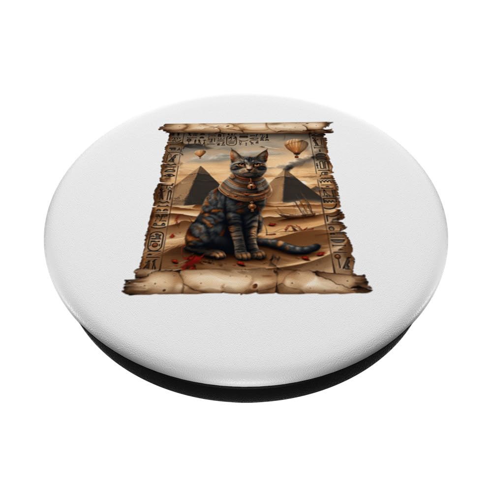Pyramid Papyrus Scroll Retro Desert Egyptian Art Cute Cat PopSockets Swappable PopGrip, Black - Image 2