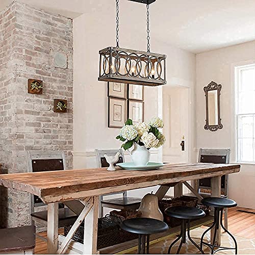 PHILOMENA Antique Wood Farmhouse Chandelier, 3-Light Rustic Bronze Cage Rectangular Dining Room Light Fixtures Over Table, Rectangle Linear Foyer Pendant Lamp Ceiling Hanging - Image 5