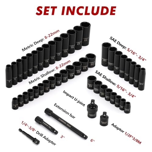 CASOMAN 3/8" Drive Impact Socket Set, 49 Piece Standard SAE and Metric Sizes (5/16-Inch to 3/4-Inch and 8-22 mm), 6 Point, Cr-V Steel Socket Set - image 3