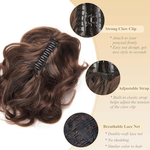 Gairyan 12" Clip in Ponytail Hair Extensions Curly Ponytail Extension Claw on Pony tails Wavy Synthetic Hairpieces for Women Real Look Short Wave (Dark Brown & Dark Auburn) - Image 3