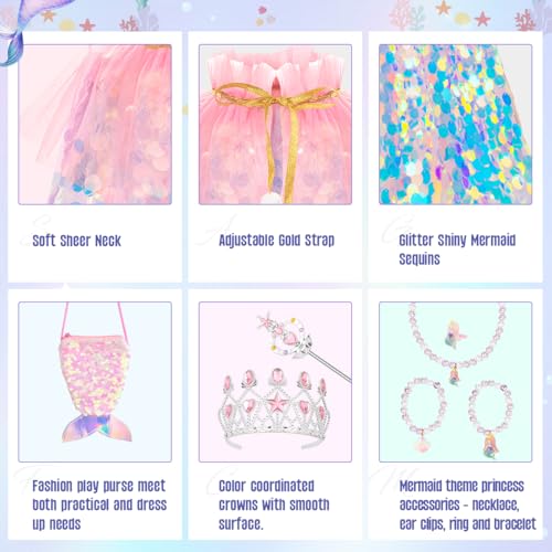 Meland Princess Dress Up for Girls 3-8, 11Pcs Mermaid Cape with Crown, Dress Up Clothes Birthday Gift Toys for Girls Toddlers2