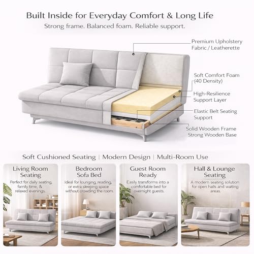 Image of Casaliving Danny 3 Seater Sofa Cum Bed Leatherette Fabric (Green) with Two Cushions Perfect for |Home Living |Office Room and Guest Room Premium Sofa