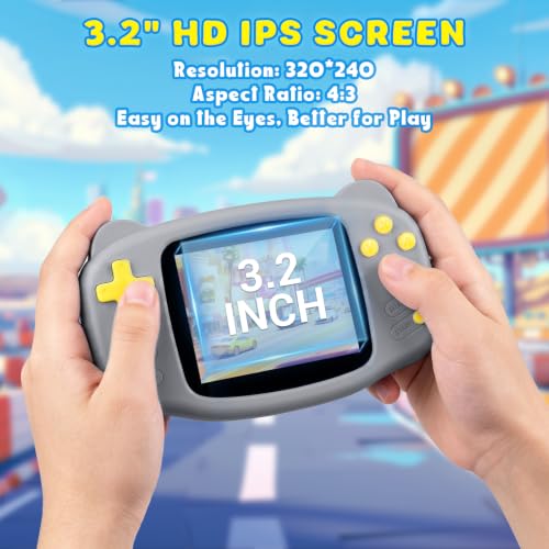 Image of Portable 16 Bit Handheld Game Console for Kids, Retro Gaming Console with 300 Classic Video Games, Handheld Plug & Play Player with 3.2'' IPS Screen, Rechargeable Travel Gift for Boys & Girls (Grey)