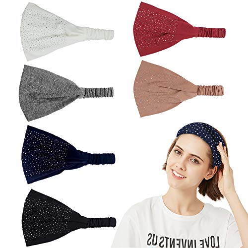 ZYNERY 6-pack Headbands for Women, Elastic Wide Hair Bands Non-Slip Bandana Headbands for Yoga/Running//Pilates/Fitness, Turban Headwraps Rhinestone Hair Accessories for Women