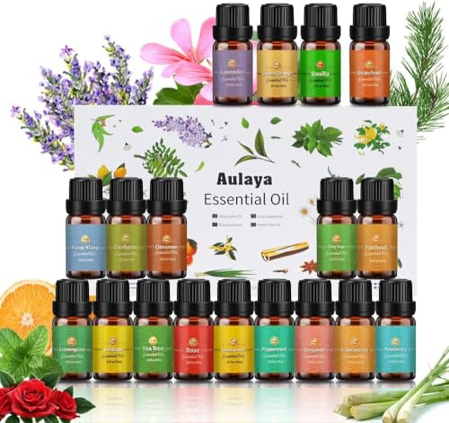 Ätherische Öle Set 18 x 10 ml, Teebaum, Lavendel, Eukalyptus, Weihrauch, Zitronengras, Rosmarin, Orange, Minze, Zitrone, Bergamotte, Ylang-Ylang, Grapefruit, Kamille,...