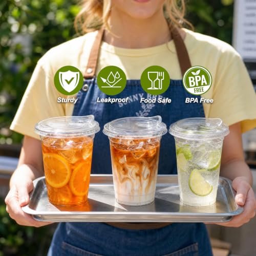Image of Ginkgo 100 Pack 16 oz Clear Plastic Cups with Strawless Sip Lids