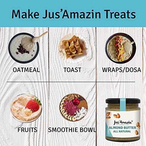 Image of Jus' Amazin Creamy Almond Butter - Unsweetened (200 g) Pack of 2 | 25% Protein | Plant-Based Nutrition | 100% Almonds | Zero Additives | Vegan | Dairy Free | 100% Natural | Keto