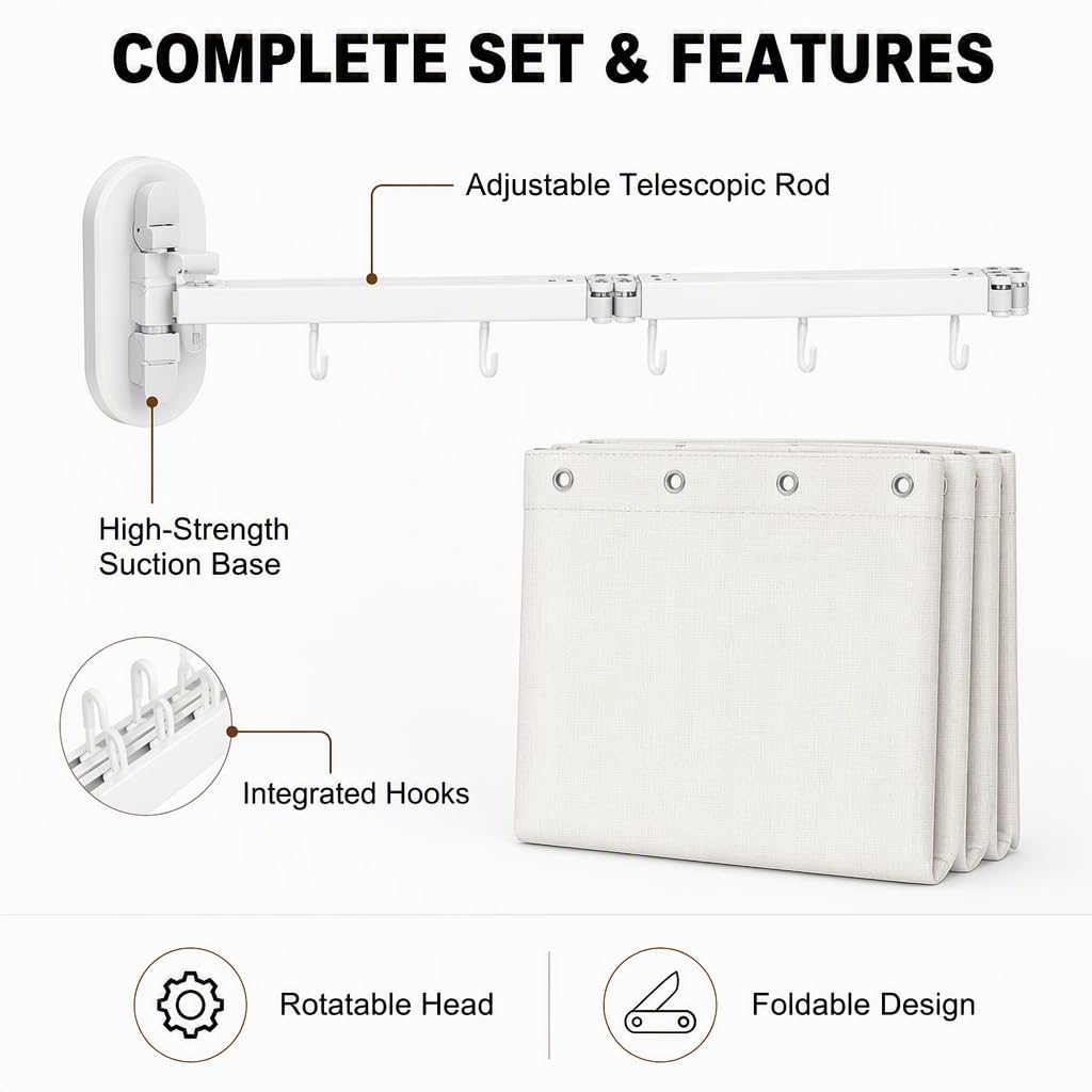 Barre de Douche rétractable avec Panneaux Pliables, Fixation par Ventouse, Angle réglable, étanche, Gain de Place pour Salle de Bain Dangle, Placard, 2 Volets (5-Folds)