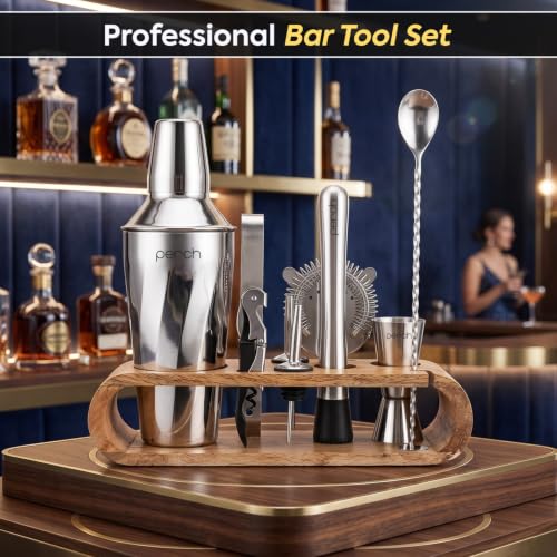 Image of O' Holic by Perch Cocktail Shaker Gift Set|10-Piece Stainless Steel Bartender Kit with Mango Wooden Stand|Accessories for Home Bar|Gift Box for Winters, Birthday, Wedding,Anniversary,Christmas |Silver