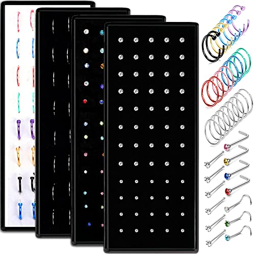 FIBO STEEL 200 Pcs Nose Ring Studs Set for Women Men 316L Stainless Steel Nose Hoops L Shaped Screw Bone Nose Studs Ring Nose Piercing Jewelry 20G 22G 1.5mm 2mm 2.5mm