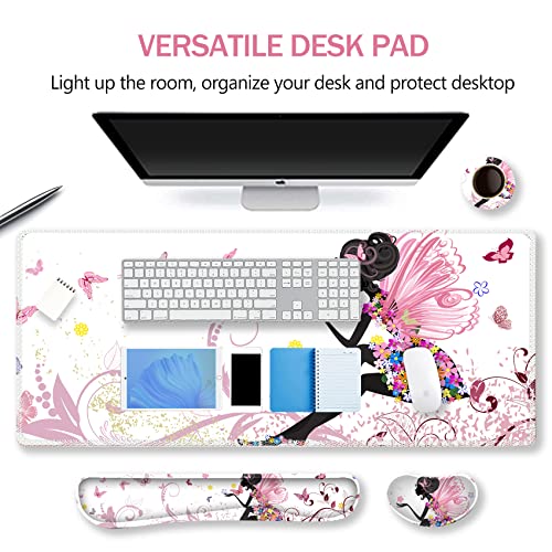 Image of ARTSO Extended Gaming Mouse Pad Set, Keyboard Wrist Rest Support Pad + Wrist Cushion + XXL Large Mouse Pad + Coaster, Stitched Edge, Non-Slip, Memory Foam Desk Mat, Pink Butterfly Girl