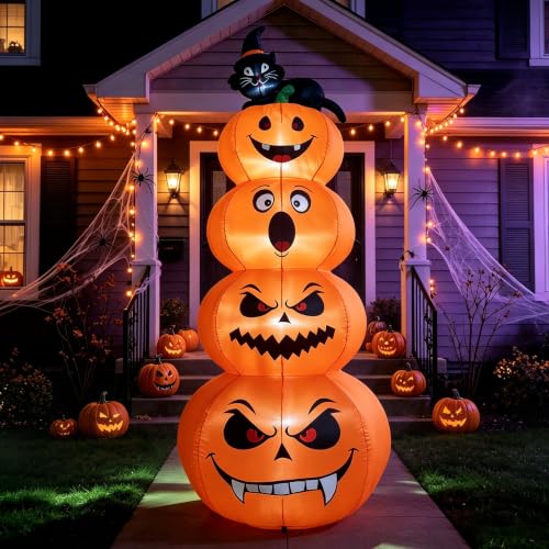 Image of 8FT Halloween Inflatable Stacked Pumpkins with Black Cat & LED Lights