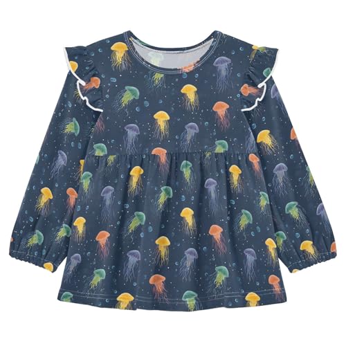Colorful Jellyfish Bubble Girls Shirts Cotton Long Sleeve Ruffle Toddler Tee Tops