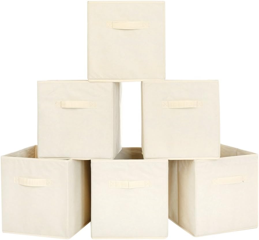 BASTUO Foldable Storage Box Fabric Cubes with 2 Handles Basket bin for toys,clothes,Set of 6, Beige