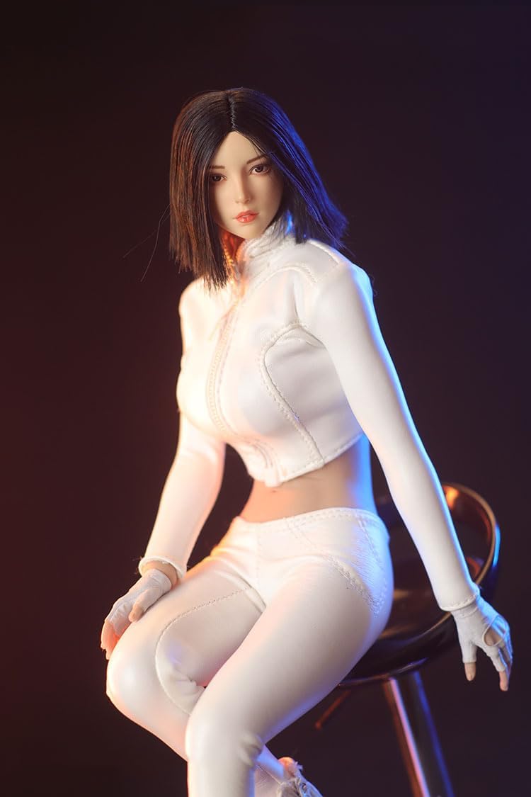 Fremego 1/6 Scale Female Clothes,Female Leather Jacket Pants Clothes Set Zipper Coat Trousers Locomotive Suit for 12inch PH TBL JO Action Figure (White)