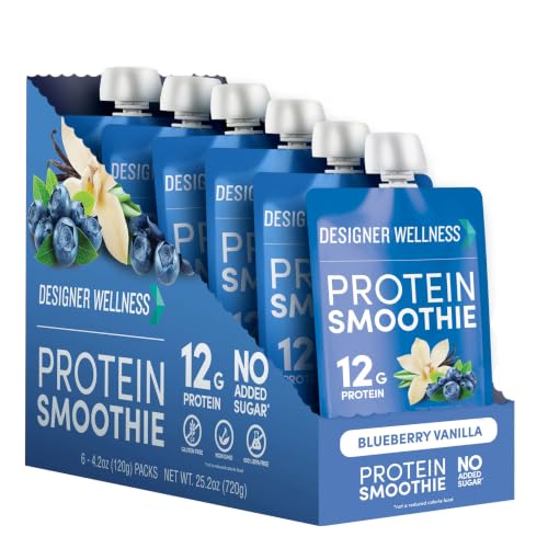 Designer Wellness Protein Smoothie, Blueberry Vanilla, 12g Whey Protein, Real Fruit Smoothie Snack, No Added Sugar, Low Carb, Gluten-Free, Shelf-Stable Protein Pouches with MCT Oil - 6 Pack