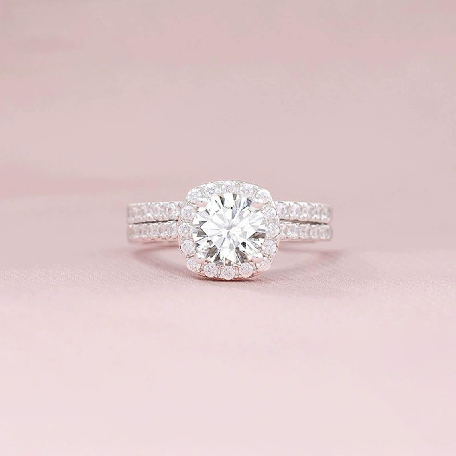 Anillo redondo de plata 925 para mujer, juego de 2 anillos de compromiso de oro con circonita cúbica de 7 mm
