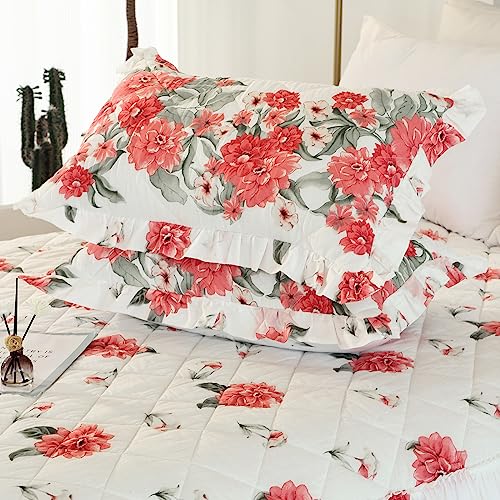 Evenhug 100% Cotton Bed Skirt Queen Size Ruffled Red Floral Quilt Bedspread Set With 2 Pillow Shams 20″Deep Drop Dust Bed Skirt For Bed Cover 3 Pieces(Red, Queen60X80) #TOP4