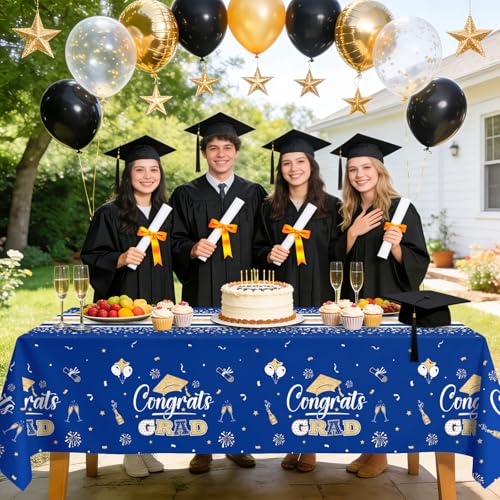Image of LANLISA 4 Pack Graduation Tablecloth Disposable, Graduation Decorations 2026, Gongrats Grad Table Cloths for Graduation Party Supplies, Class Blue Gold Tablecover, 54 inchx108 inch