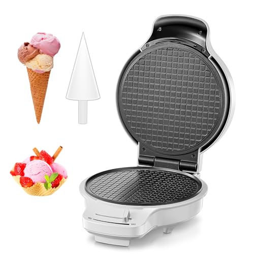 FOHERE Waffle Cone Maker Machine and Ice Cream Bowl Maker with Temperature Control, Double Side Nonstick Waffle Bowl Maker with Cone Roller, 7.5” Thin Waffle Maker for Home Kitchen (White)