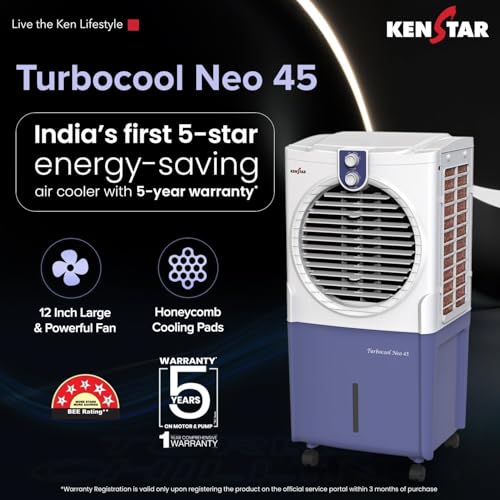 Image of Kenstar TURBOCOOL NEO HC 45 BLUE Air Cooler with Honeycomb Cooling Media | 5-star BEE Rating |100 W|White & Blue