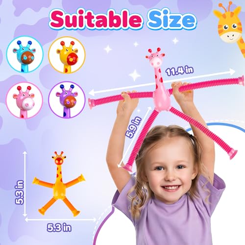 Image of Giraffe Sensory Travel Toys 4Pcs for Road Trip Car Ride Airplane Toddler Girl Year Old Ages 3 4 5 6 7 8, Suction Autism Pop Tube Fidget Toy Autistic Valentines Day Stocking Easter Basket Stuffer Gift