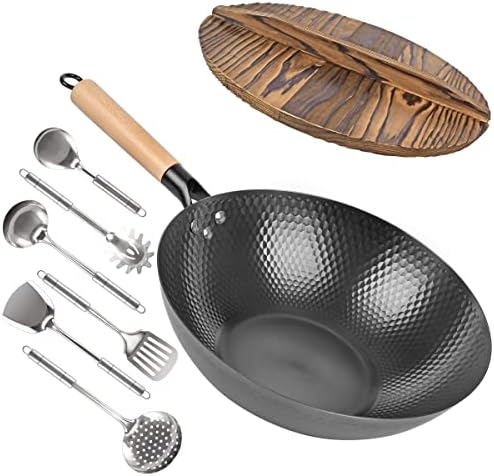 Carbon Steel Wok, 7 Pcs Wok Pan with Wooden Lid & Handle Stir-Fry Pans 12.8" Chinese Wok Flat Bottom Wok with Cookware Accessories Suitabe for all Stoves (Black)