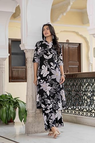 Image of Women's Floral Print Rayon Kurta Palazzo, Round Neck Half Sleeve, Regular Fit, Ethnic Casual Wear